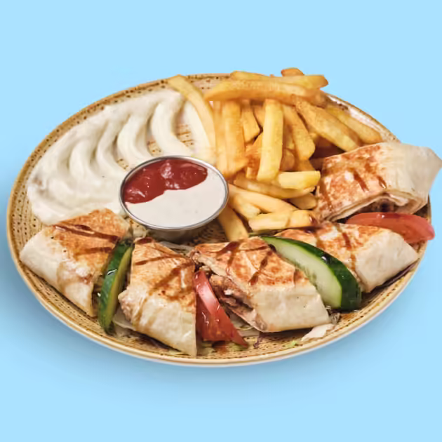 Arabic chicken shawarma plate with rice and salad